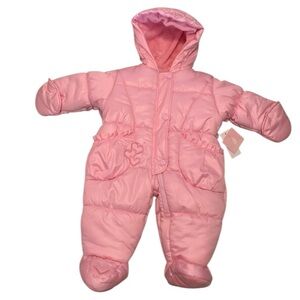 London Fog Pink Heart Snowsuit Bunting W/Hood Girl’s Size 3/6 Months Winter New